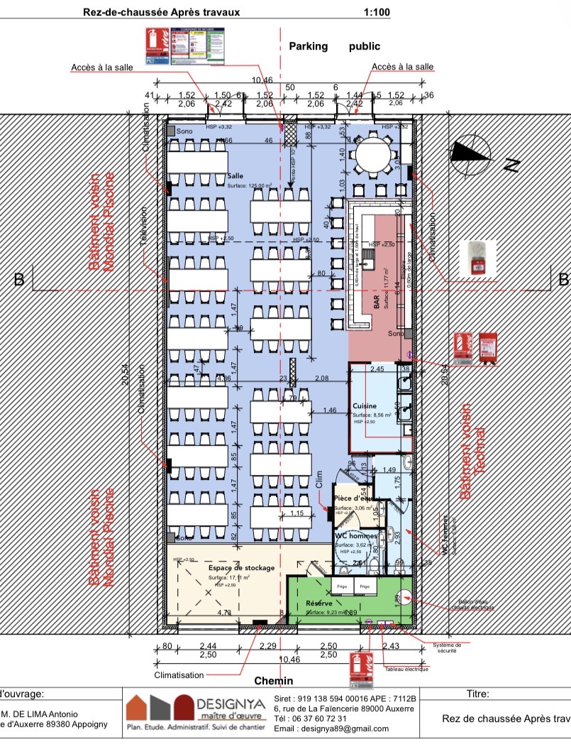 Plan de La Salle RN6 à Appoigny : salle principale de 125 m², bar, cuisine et réserves